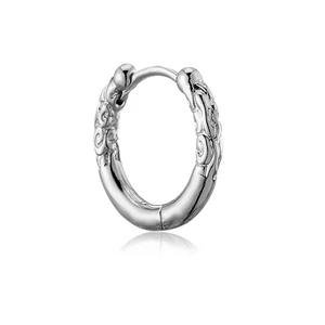 Silver hoop earring with embossed Chinese cloud pattern and secure clasp on white background