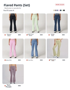 Detailweergave van de high-waist yoga flared broek in zeven trendy diverse kleuren