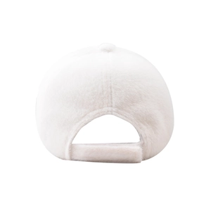 Detail view of the plush white baseball cap back with matching fuzzy adjustable strap