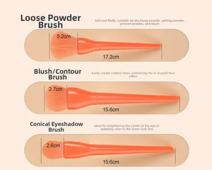 Detailed size specifications for powder, blush and eyeshadow makeup brushes in orange