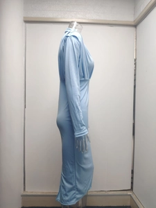 Side view of light blue long sleeve bodycon dress showing slim fit silhouette and knit fabric