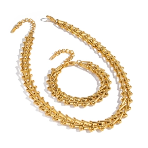 Gold geometric link necklace and bracelet set with minimalist triangular staircase design