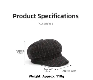 Detailed view of vintage grey plaid newsboy cap with size parameters and 118g weight