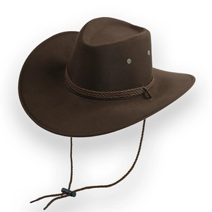 Cappello da cowboy western classico in camoscio marrone con tesa larga e cordino
