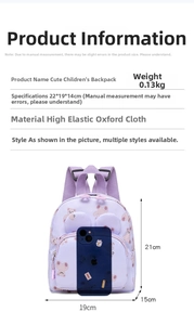 Detail view of purple cartoon bear backpack with 22x19x14cm size and 0.13kg weight