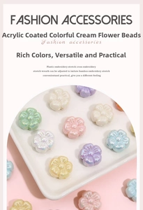 Detail of 19mm acrylic cream flower beads with pearlescent finish for DIY jewelry