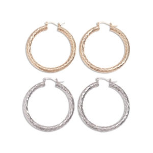 Set of two pairs of twisted hoop earrings in rose gold and silver finish on white background