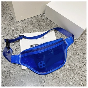Detail shot of blue transparent PVC waist bag with waterproof zipper and adjustable strap