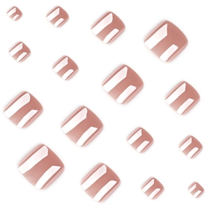 Glossy nude pink press-on toenails in various sizes with high-shine mirror finish effect