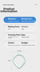 Cooling neck ring specifications showing TPU material, 28°C melting point and 130g weight