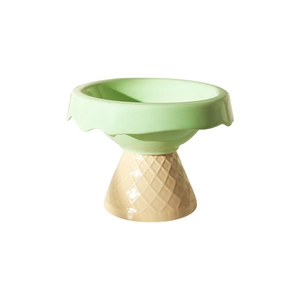Ceramic elevated pet bowl featuring a mint green ice cream cone design with waffle texture