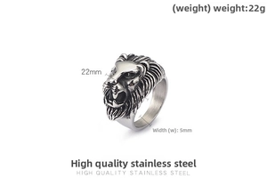 Detailaufnahme eines Vintage Löwenkopf-Rings mit Maßen und Gewicht aus Edelstahl