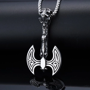 Stainless Steel Battle Axe Pendant Necklace Viking Nordic Mythology Skull Totem Gothic Punk Style Men Box Chain