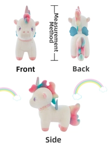 Three-view perspective of white unicorn plush toy with gradient mane and pearl chain