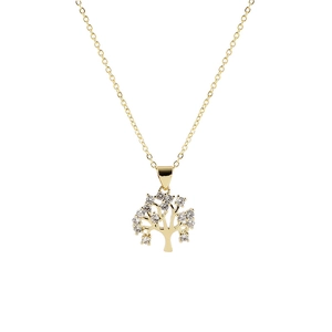 Macro detail of 18K gold-plated copper Tree of Life pendant with inlaid cubic zirconia