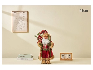 Detail of 45cm Santa Claus doll with red plaid outfit and fuzzy fur trim accessories