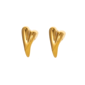 Close-up of 14K gold plated stainless steel heart stud earrings with a glossy metal finish