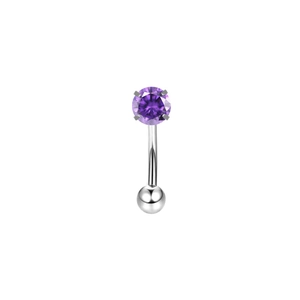 Macro detail of curved stainless steel eyebrow piercing with a purple zircon stone