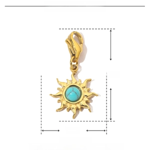 Detailed size chart of a 13mm gold sun pendant with turquoise stone and lobster clasp