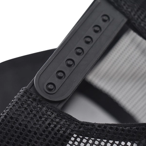 Detailed view of the adjustable plastic snapback closure on a black mesh trucker cap