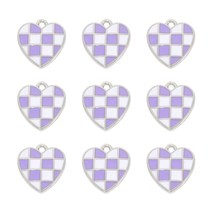 Detailed grid of purple and white checkerboard enamel heart charms for DIY jewelry making