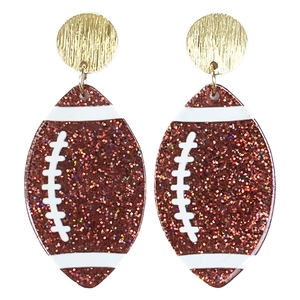 Sparkly glitter American football drop earrings with gold metal studs for sports fans