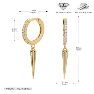 Detailed size chart for S925 sterling silver hoop earrings with 5A zircon and cone pendant