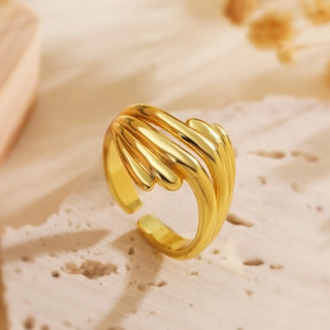 Minimalist irregular geometric open ring in gold finish with multi-layered ribbed texture