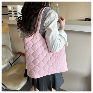 Pink quilted down tote bag with wave stitching for women, stylish large capacity bag