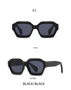 Front and side view of irregular polygonal black sunglasses with thick geometric frames
