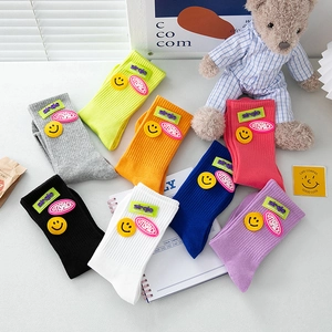 Women Mid Calf Socks Cotton Knit Breathable Ribbed Smile Face Patch Letter Embroidery Casual Athletic Fashion
