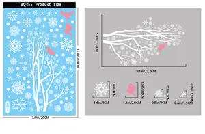 Detailed size chart for Christmas window stickers showing branch, birds, and snowflake dimensions
