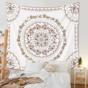 Detailed view of bohemian mandala tapestry used as a decorative wall hanging in a bedroom