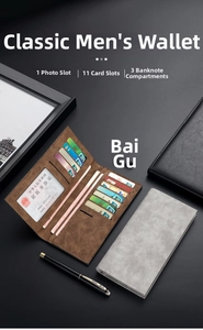 Detail view of leather wallet interior with 11 card slots and 3 banknote compartments