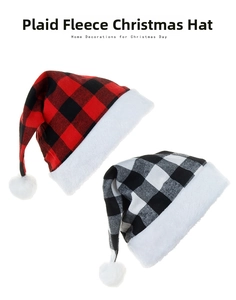 Detail of red and white buffalo plaid plush Christmas hats for holiday home decorations