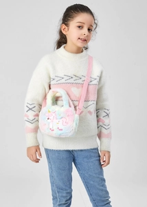 Close-up of rainbow plush unicorn bag with embroidered details and pink shoulder strap