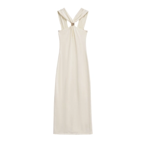 White halter neck knitted maxi dress with elegant cross straps and gold buckle detail