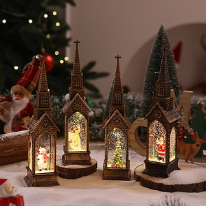 Christmas Church Snow Globe Wind Lantern LED Water Filled Sparkling Sequins Vintage Bronze Plastic Holiday Decor Ornament