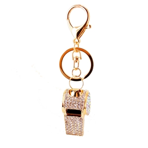 Golden rhinestone-studded whistle keychain with crystal accents and lobster clasp