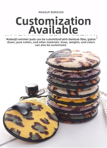 Detail of leopard print microfiber makeup pads with black straps and clean sponge text