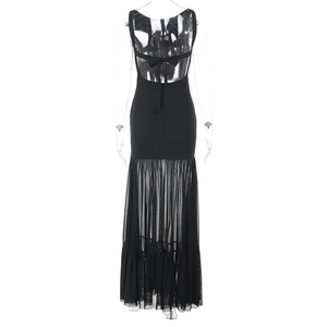 Elegant back view of black off-shoulder maxi dress with mesh hem and bow tie detail