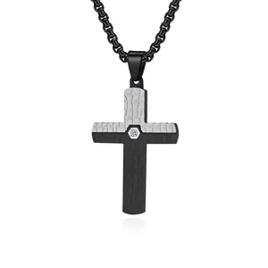 Men Stainless Steel Cross Pendant Necklace Two Tone Grid Texture Polished Hip Hop Punk Jewelry With Zircon Center Stone