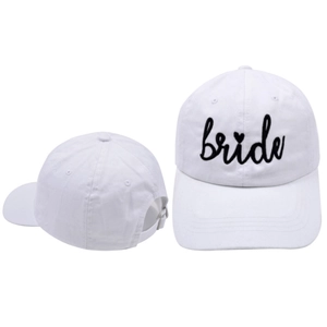 White cotton baseball cap with black Bride embroidery and adjustable metal buckle strap