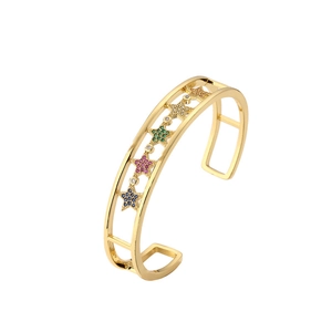Adjustable gold star cuff bracelet with vibrant multi-color zircon stones and punk style