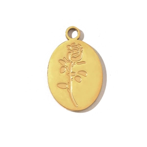 Oval gold plated stainless steel pendant with embossed rose flower design for jewelry