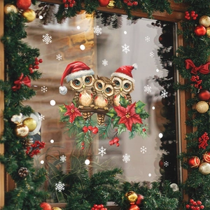 Christmas owl static window stickers with snowflakes and festive ornaments on glass