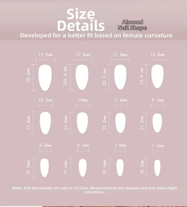 Detailed size guide for almond press-on nails showing 12 different width measurements