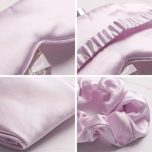 Three-piece faux silk sleep eye mask and hair scrunchie gift set in light purple silk