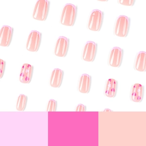Pink French tips press on nails with sweet heart patterns in short square shape