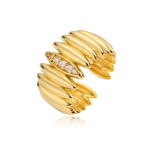 Minimalist 18K gold plated copper open ring with wavy texture and five zircon stones